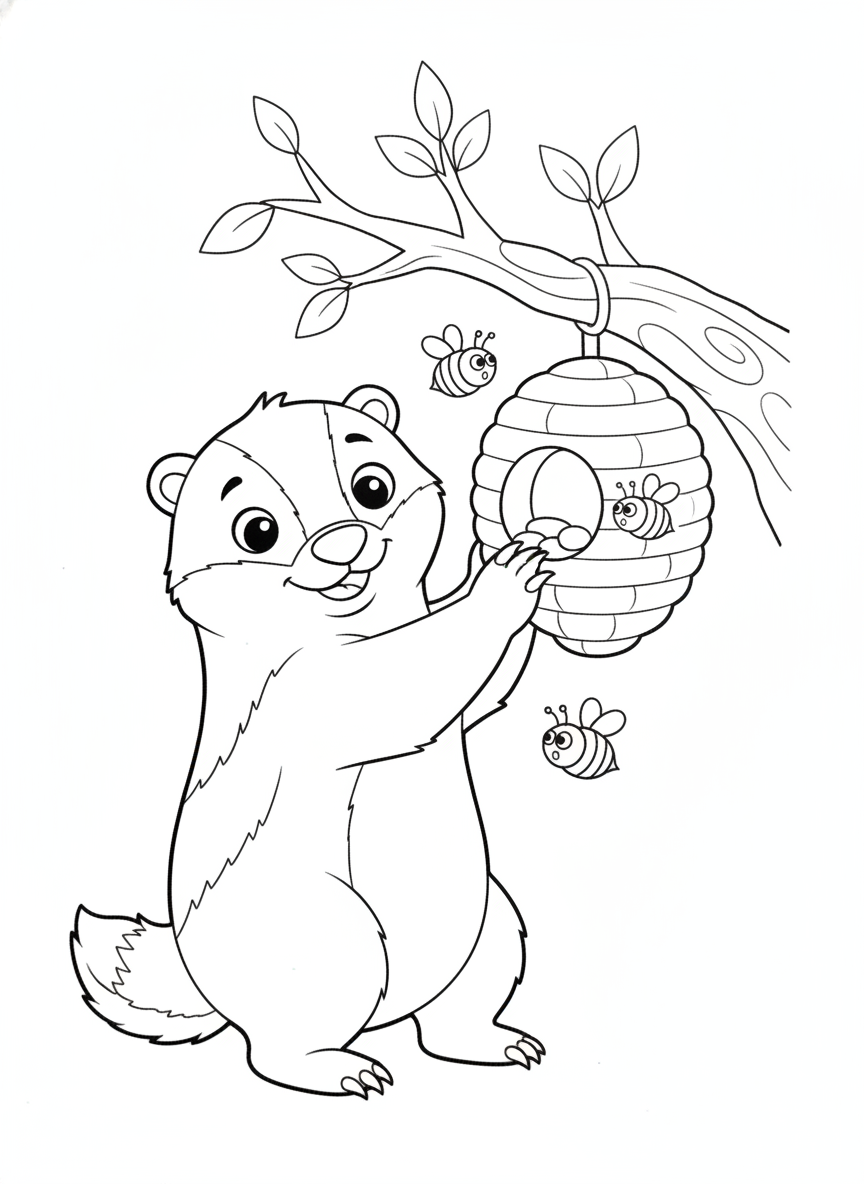 Mischievous Honey Badger Steals Honey Coloring Page
