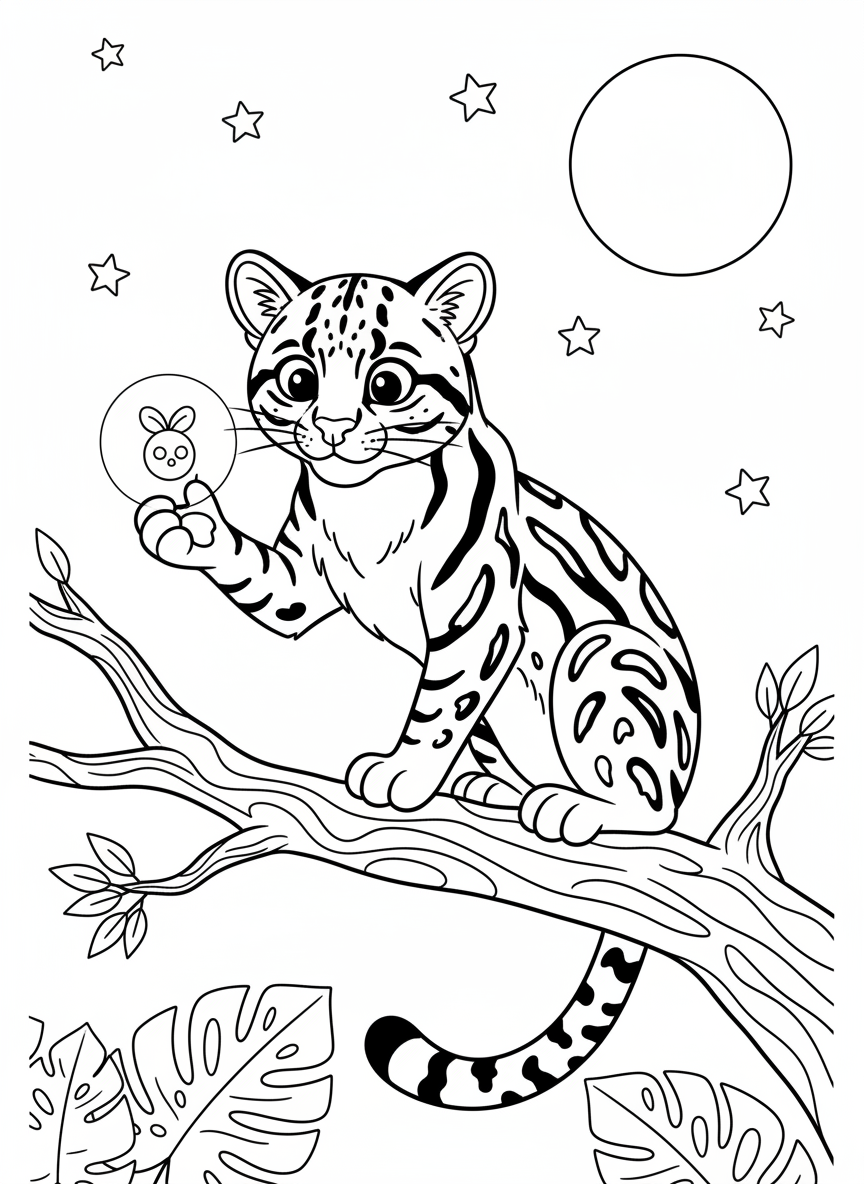 Mischievous Ocelot with Firefly Coloring Page
