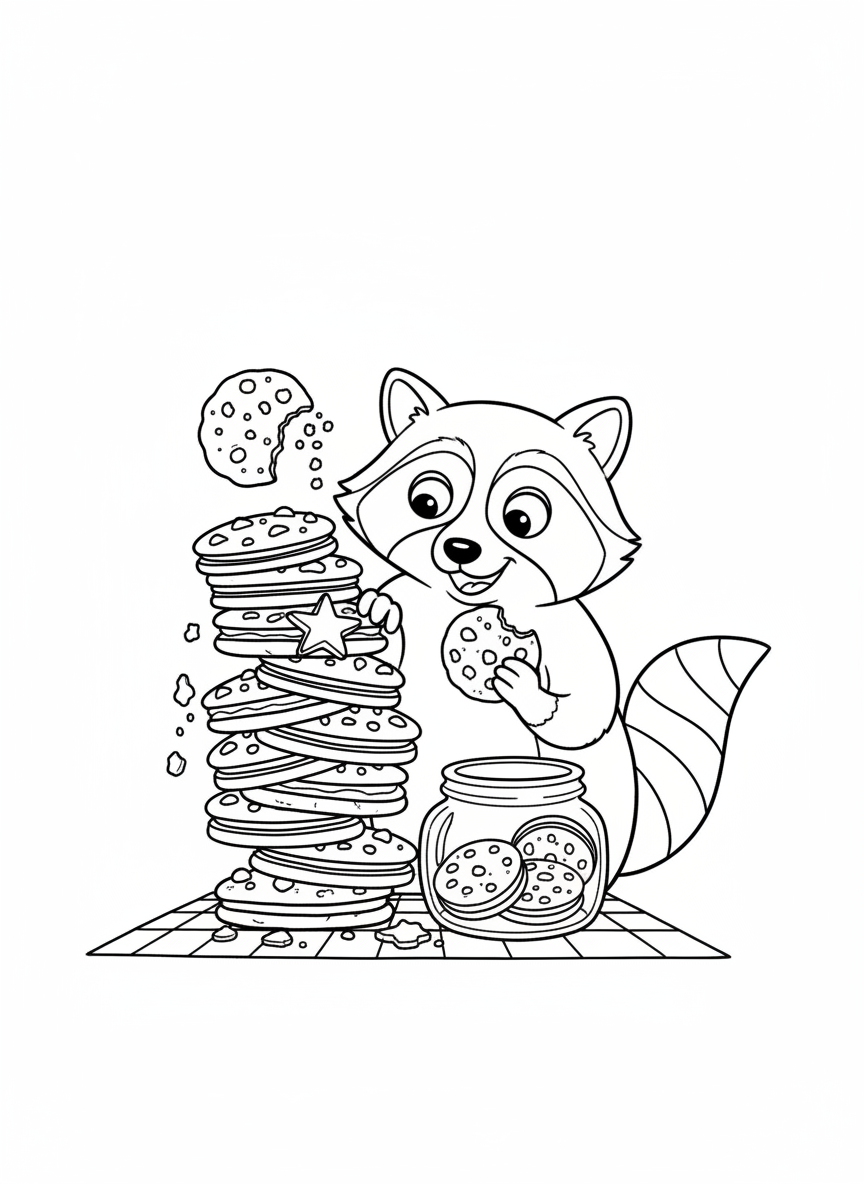 Mischievous Raccoon Cookie Thief Coloring Page