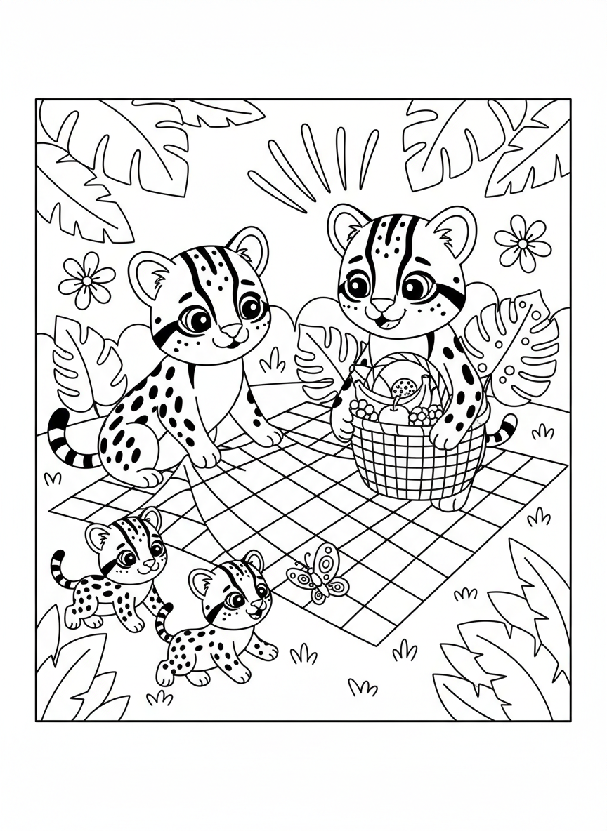 Ocelot Family Picnic Coloring Page