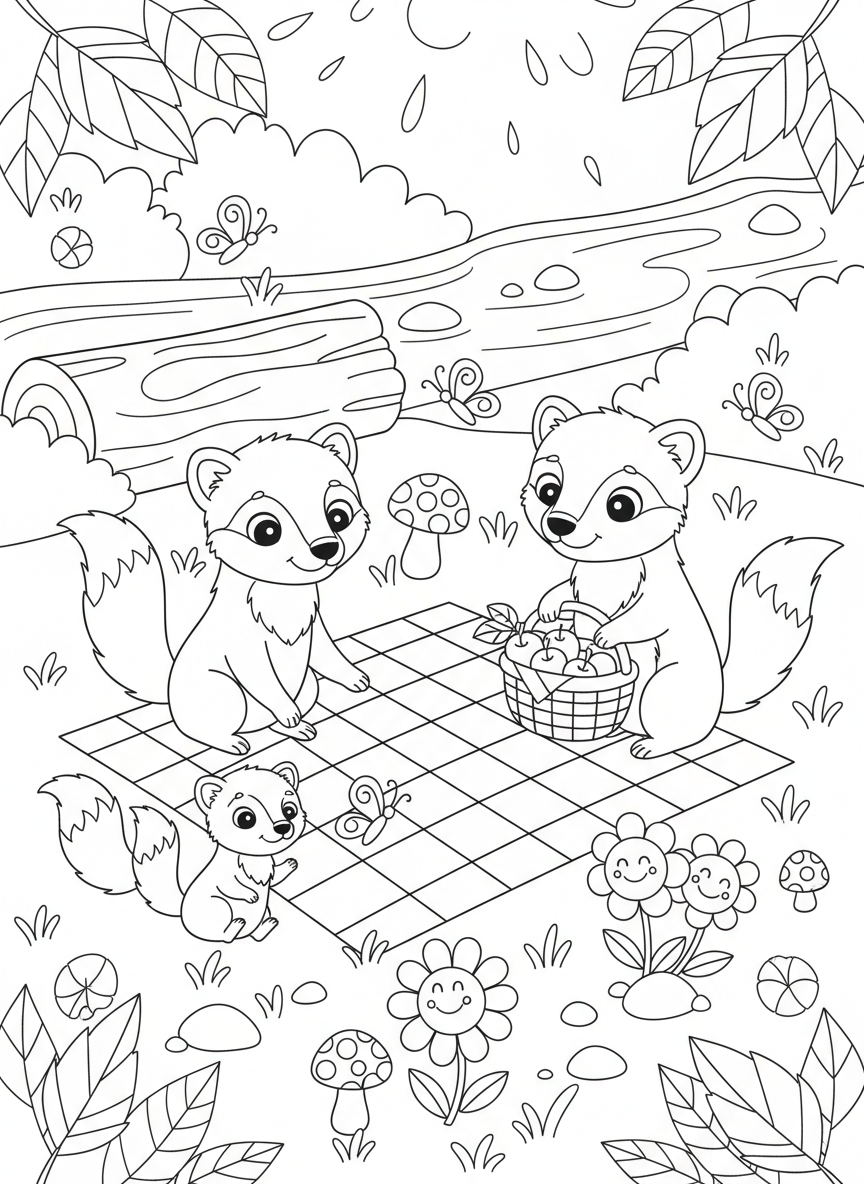 Pine Marten Family Picnic Coloring Page