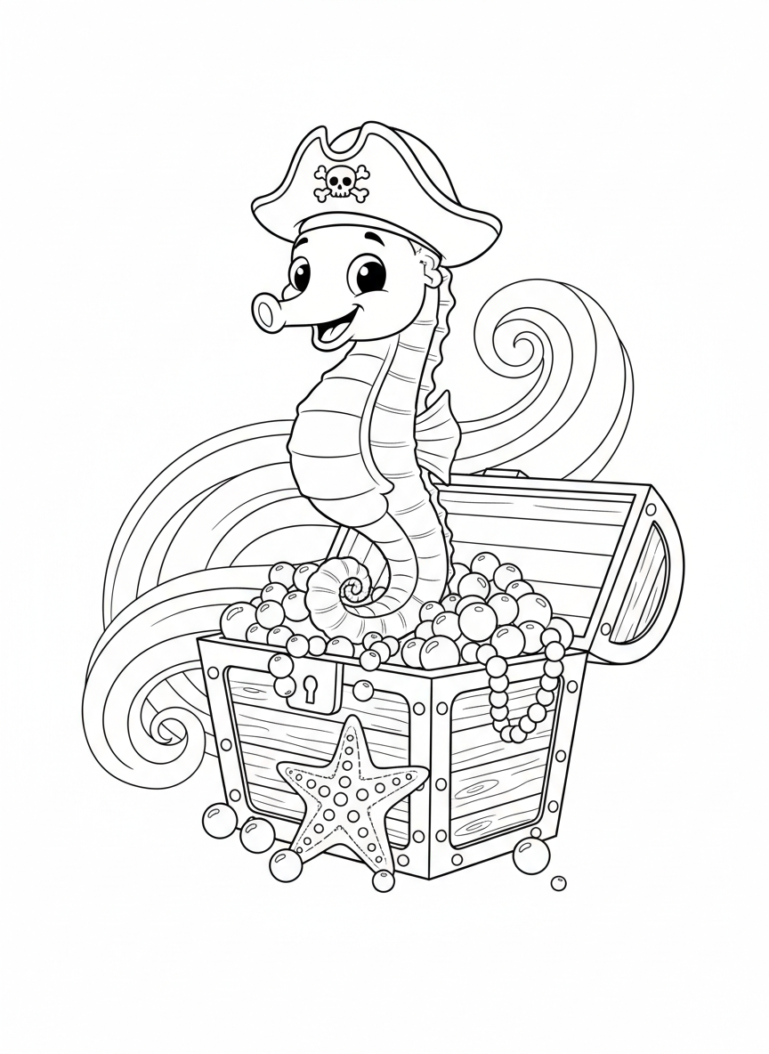 Pirate Seahorse Treasure Hunt Coloring Page