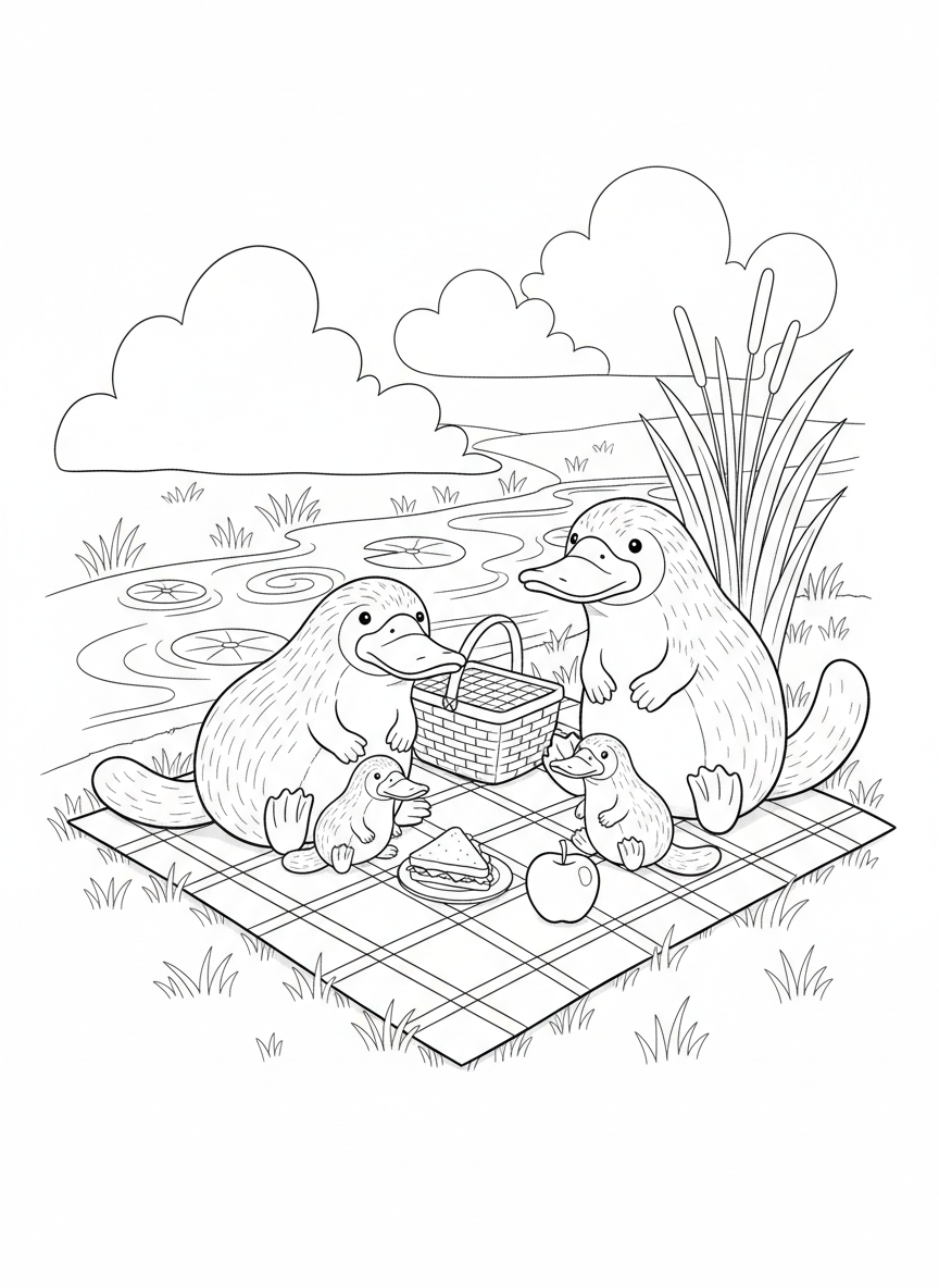 Platypus Family Picnic by the River Coloring Page