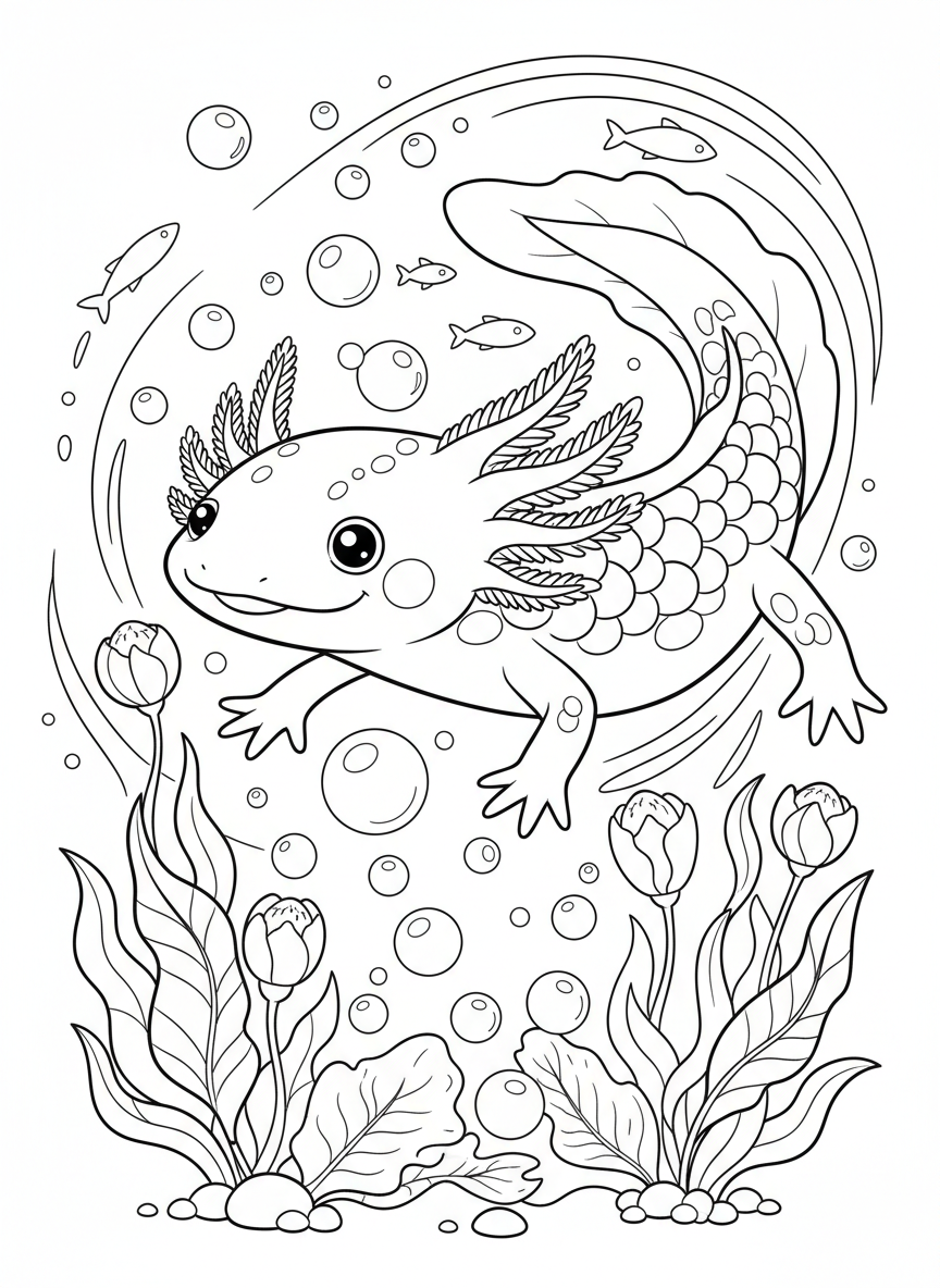 Playful Axolotl Underwater Adventure Coloring Page