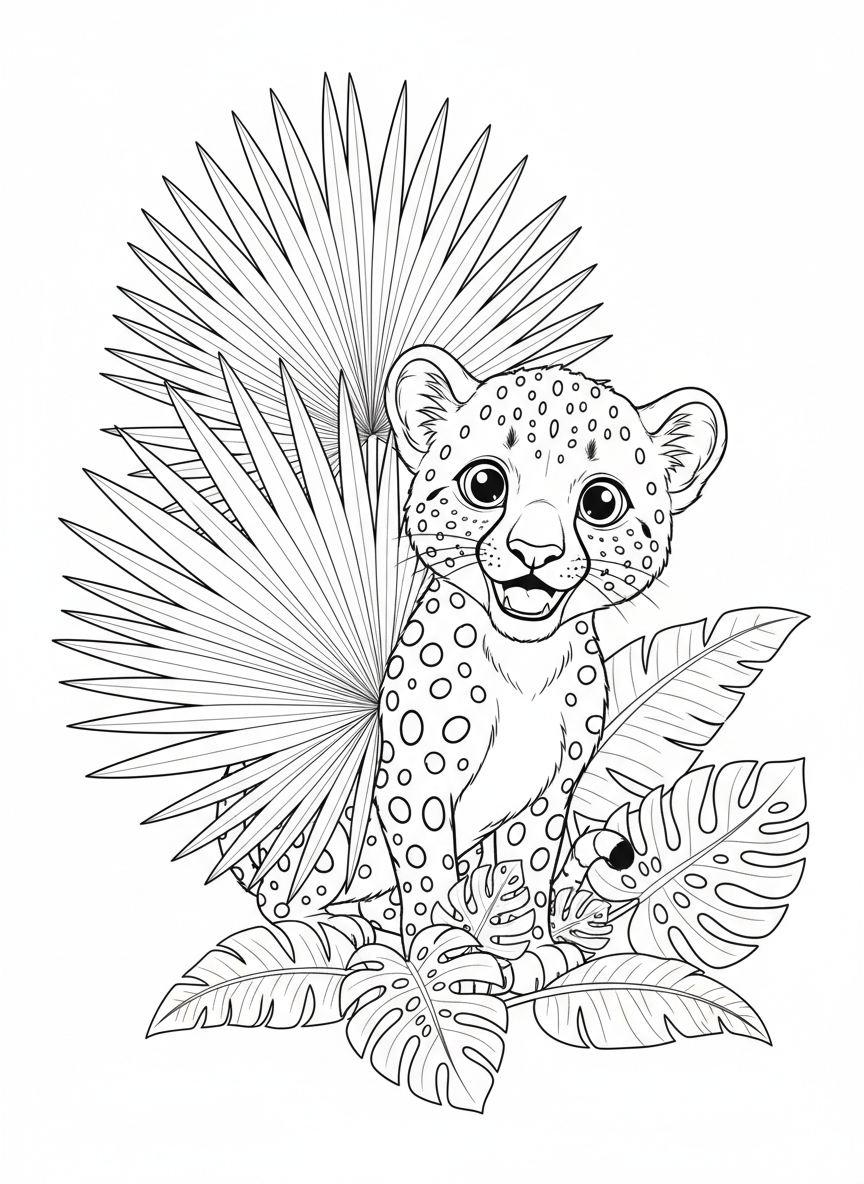 Playful Baby Cheetah Peeking Tropical Leaf Coloring Page