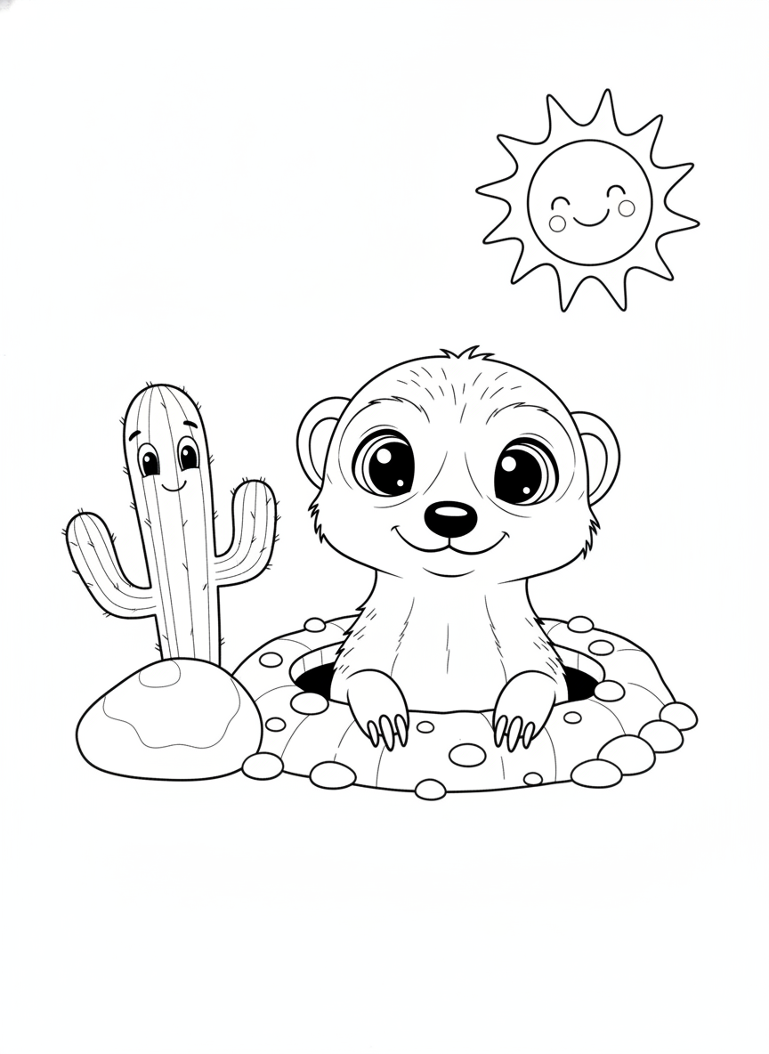 Playful Baby Meerkat Peeking Out of Burrow Coloring Page