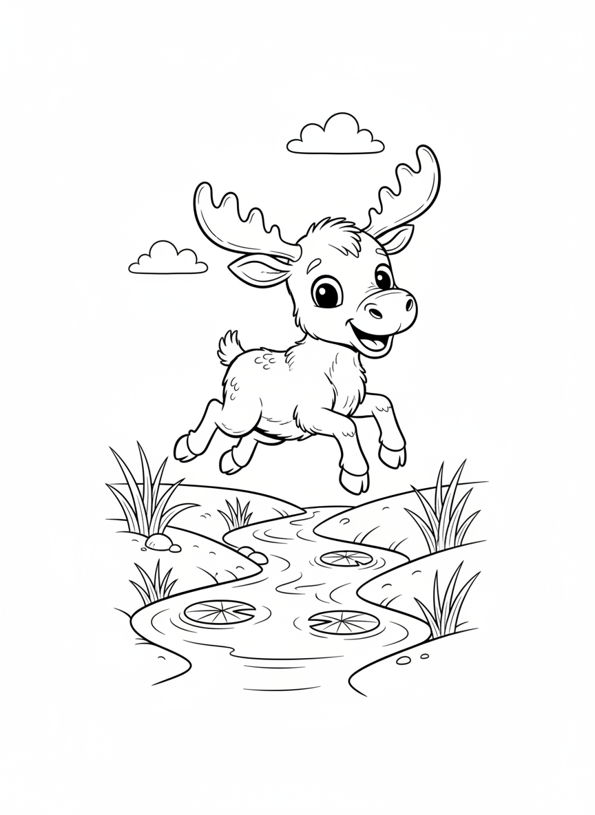 Playful Baby Moose Jumping Over Stream Coloring Page