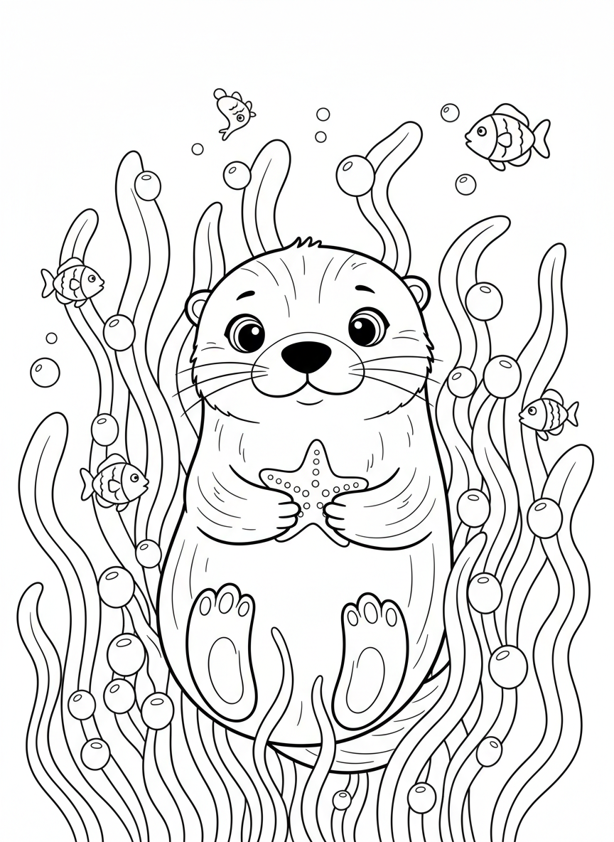 頑皮小水獺悠遊海藻森林著色頁