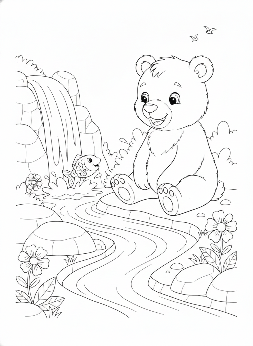 Playful Bear Cub by Waterfall Kids Coloring Page