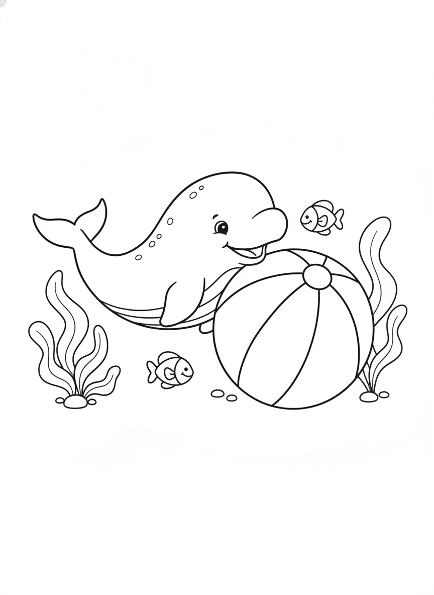 Playful Beluga Whale with Beach Ball Coloring Page