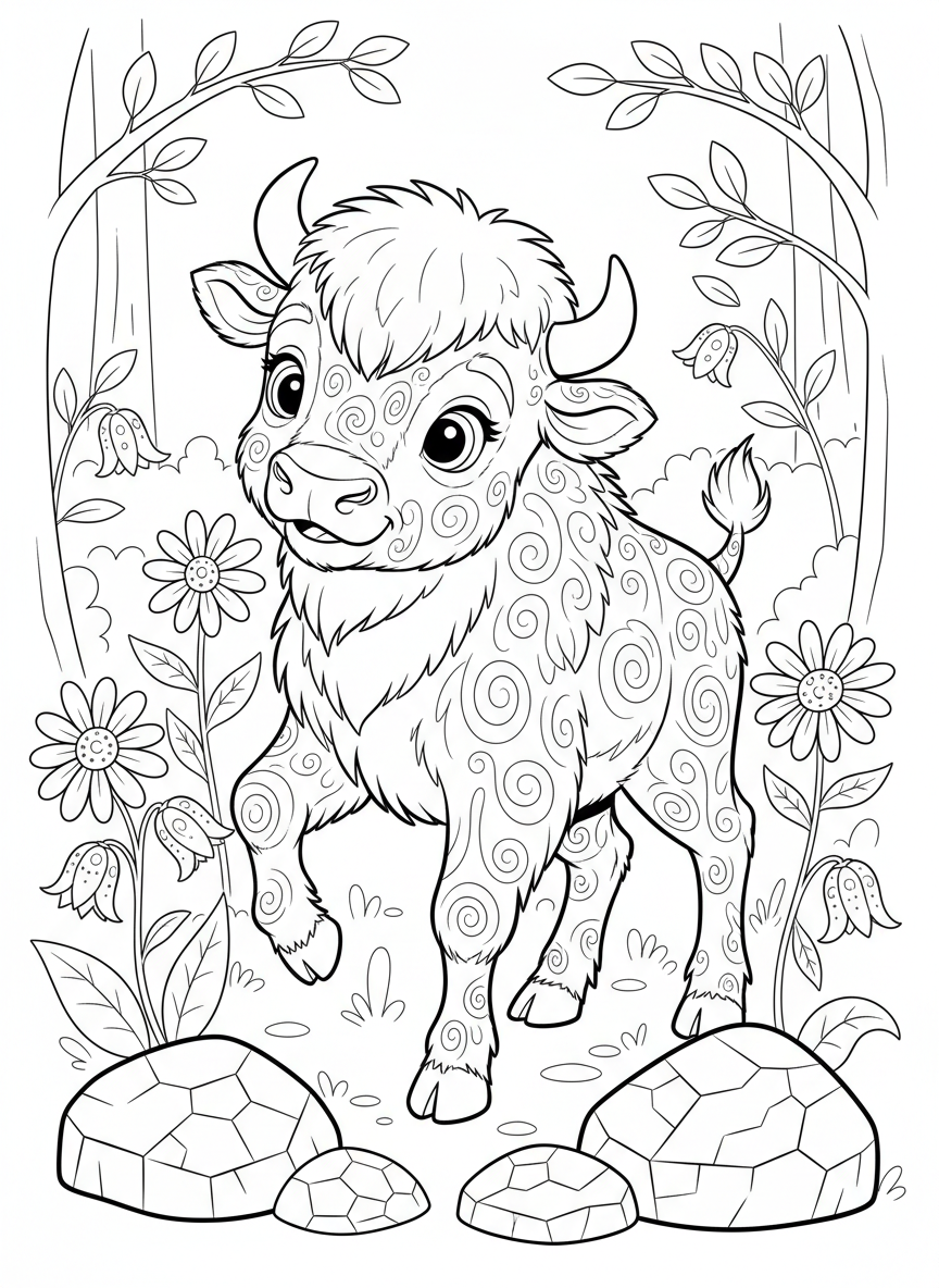 Playful Bison Calf in Forest Coloring Page