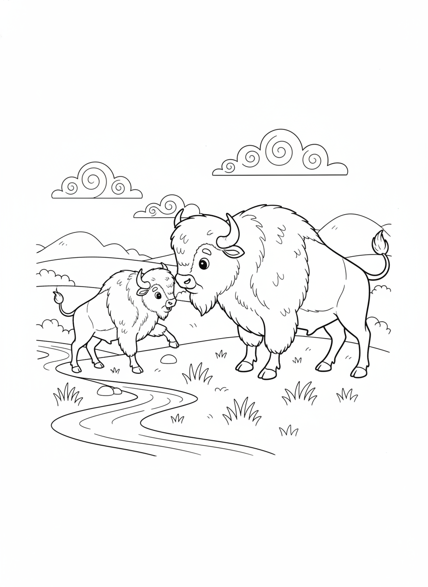 Playful Bison Herd Coloring Page