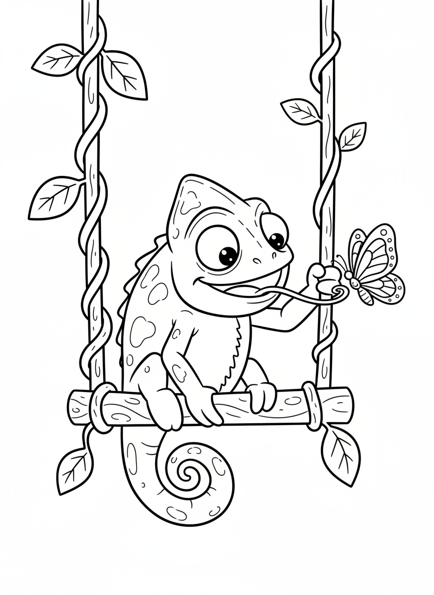Playful Chameleon on Vine Swing Coloring Page