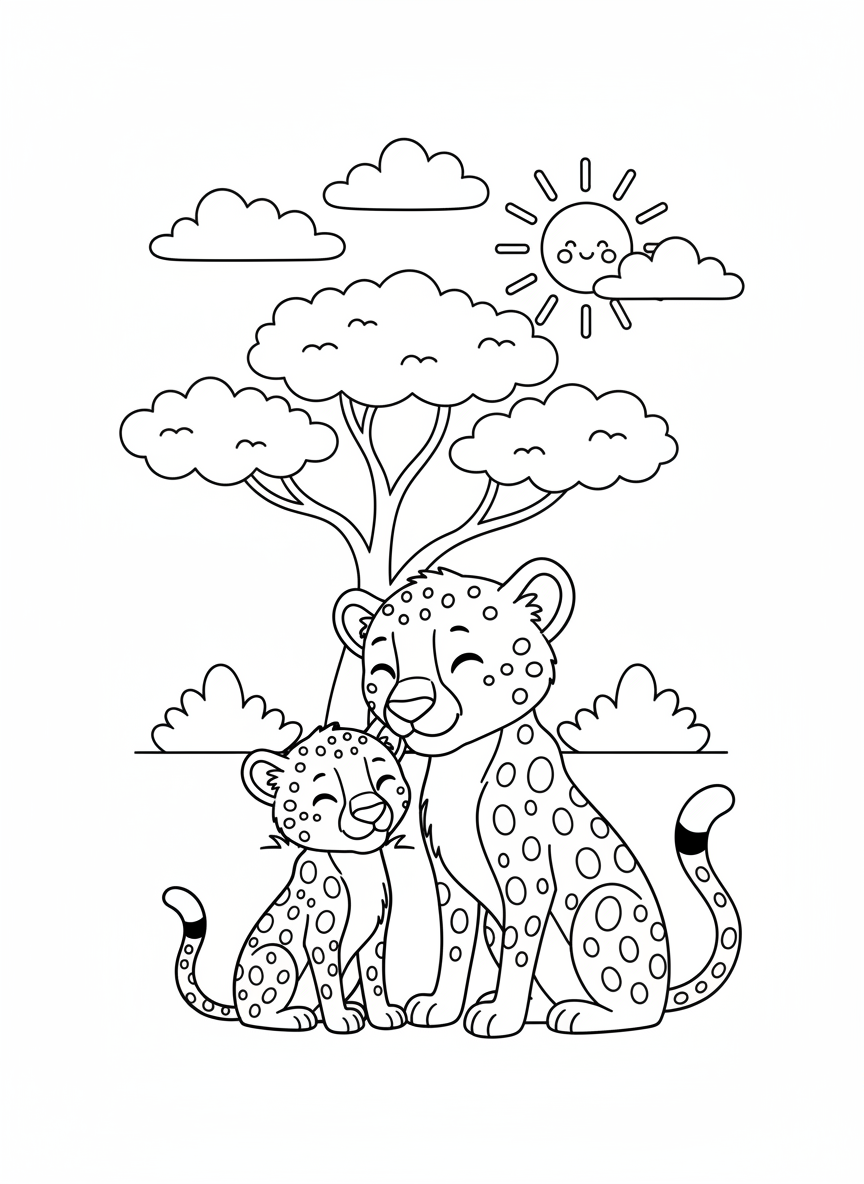 Playful Cheetah Family Savanna Coloring Page