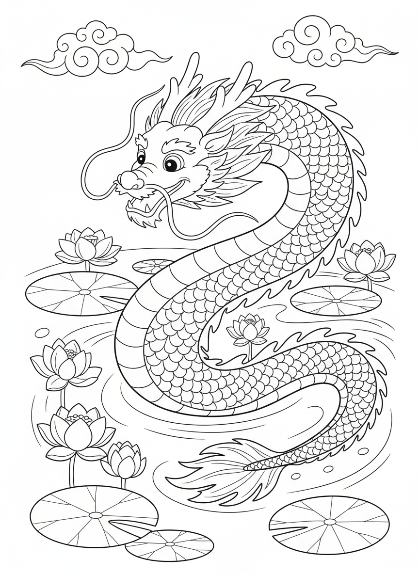 Playful Chinese Dragon River Swim Coloring Page
