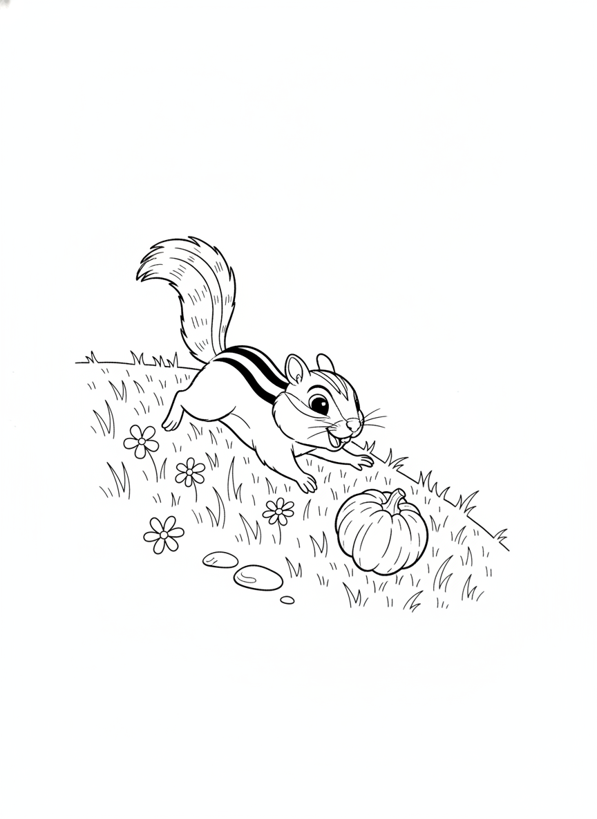 Playful Chipmunk Chasing Autumn Pumpkin Down a Grassy Hill Coloring Page
