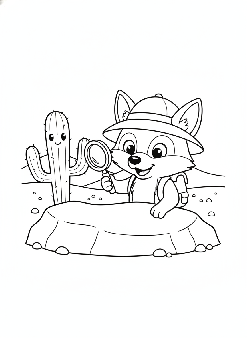 Playful Coyote Explorer: Desert Adventure Coloring Page for Kids