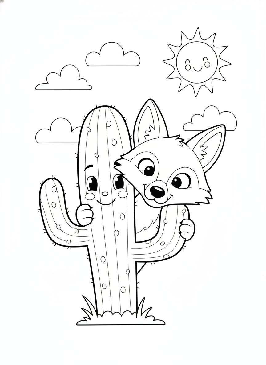 Playful Coyote Peeks from Saguaro Cactus Kids Coloring Page