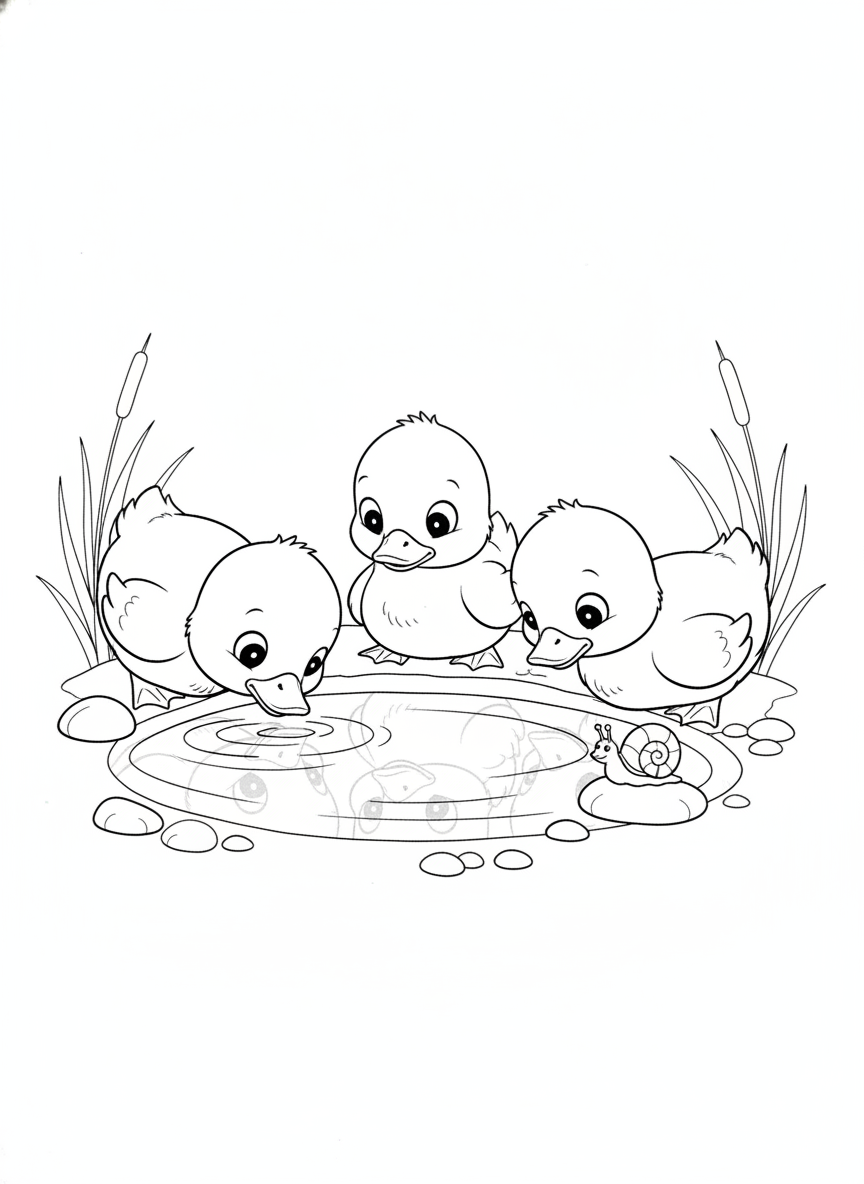 Playful Ducklings by the Puddle: A Kids' Coloring Page