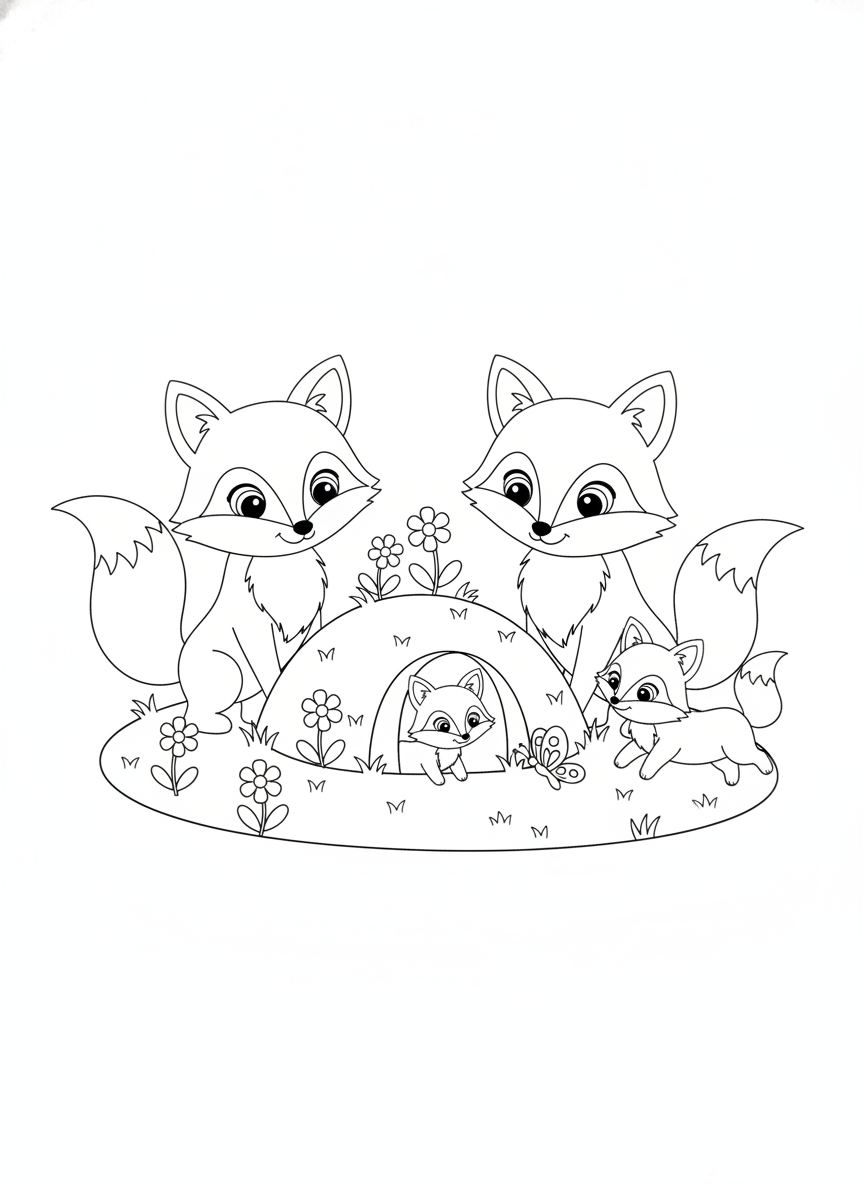 Playful Fox Family Coloring Page: Cozy Den Adventure