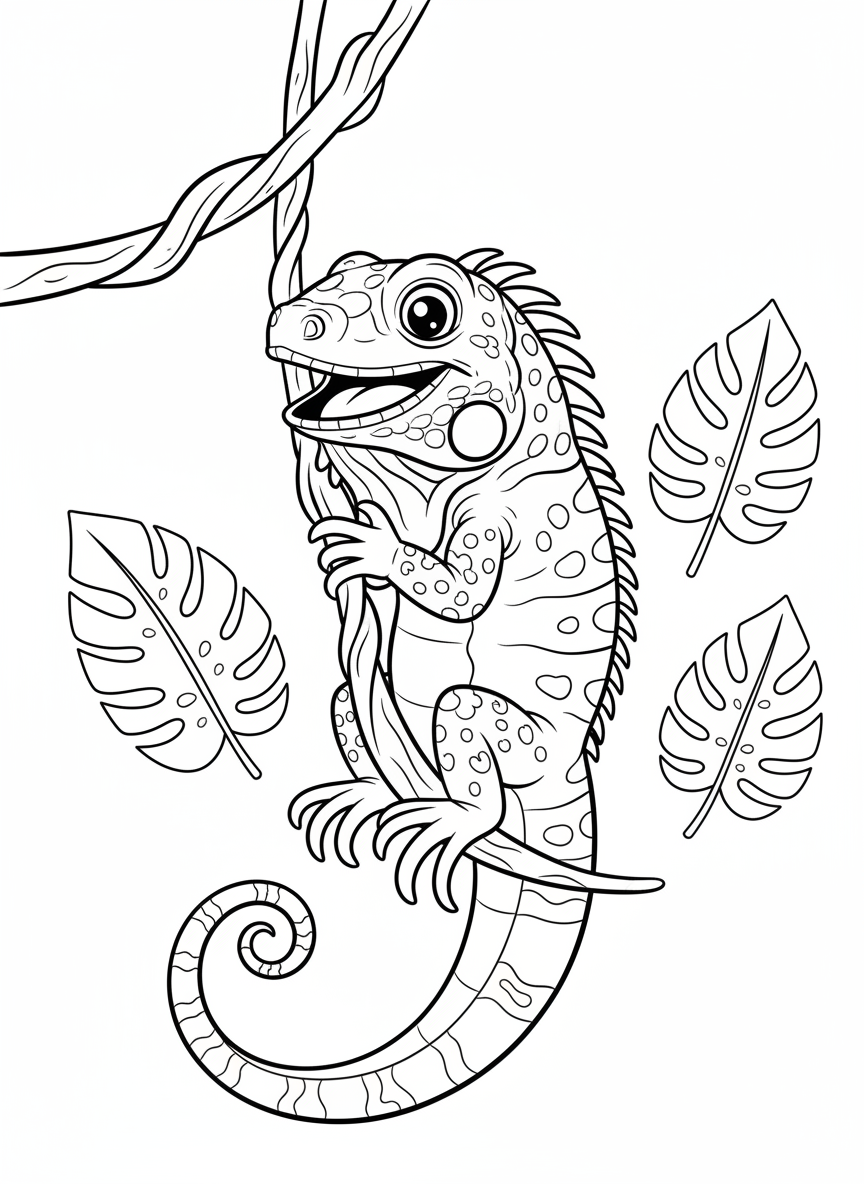 Playful Green Iguana Coloring Page for Kids