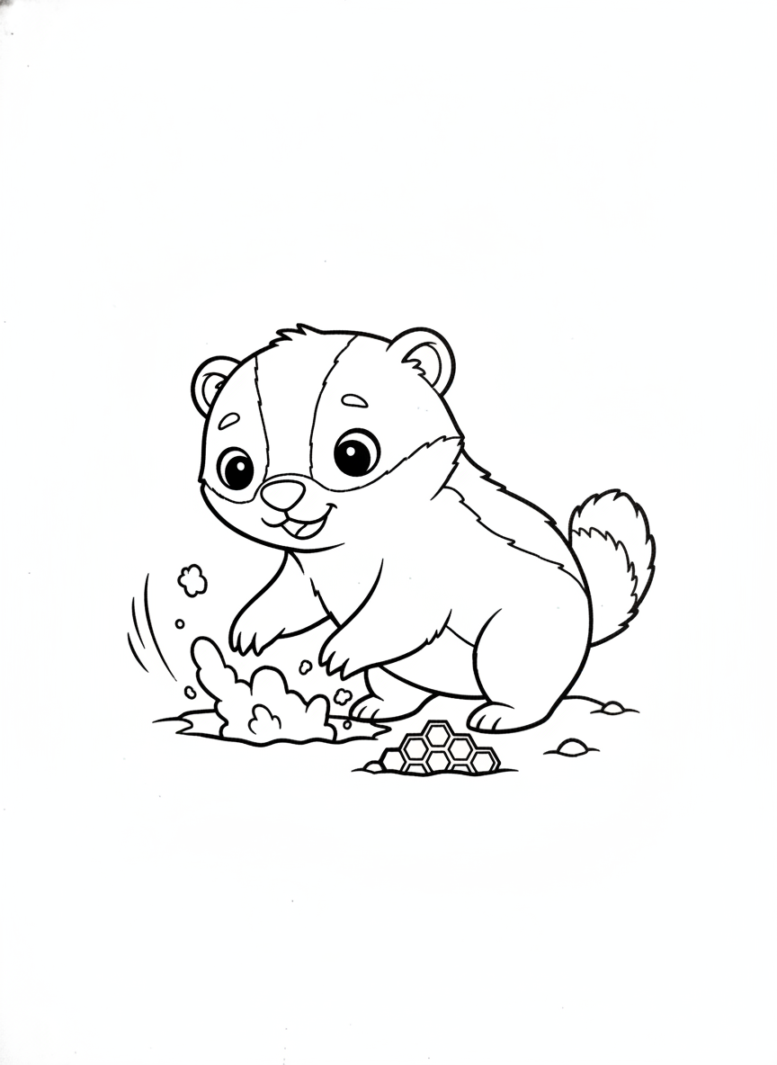 Playful Honey Badger Digging for Honeycomb Coloring Page