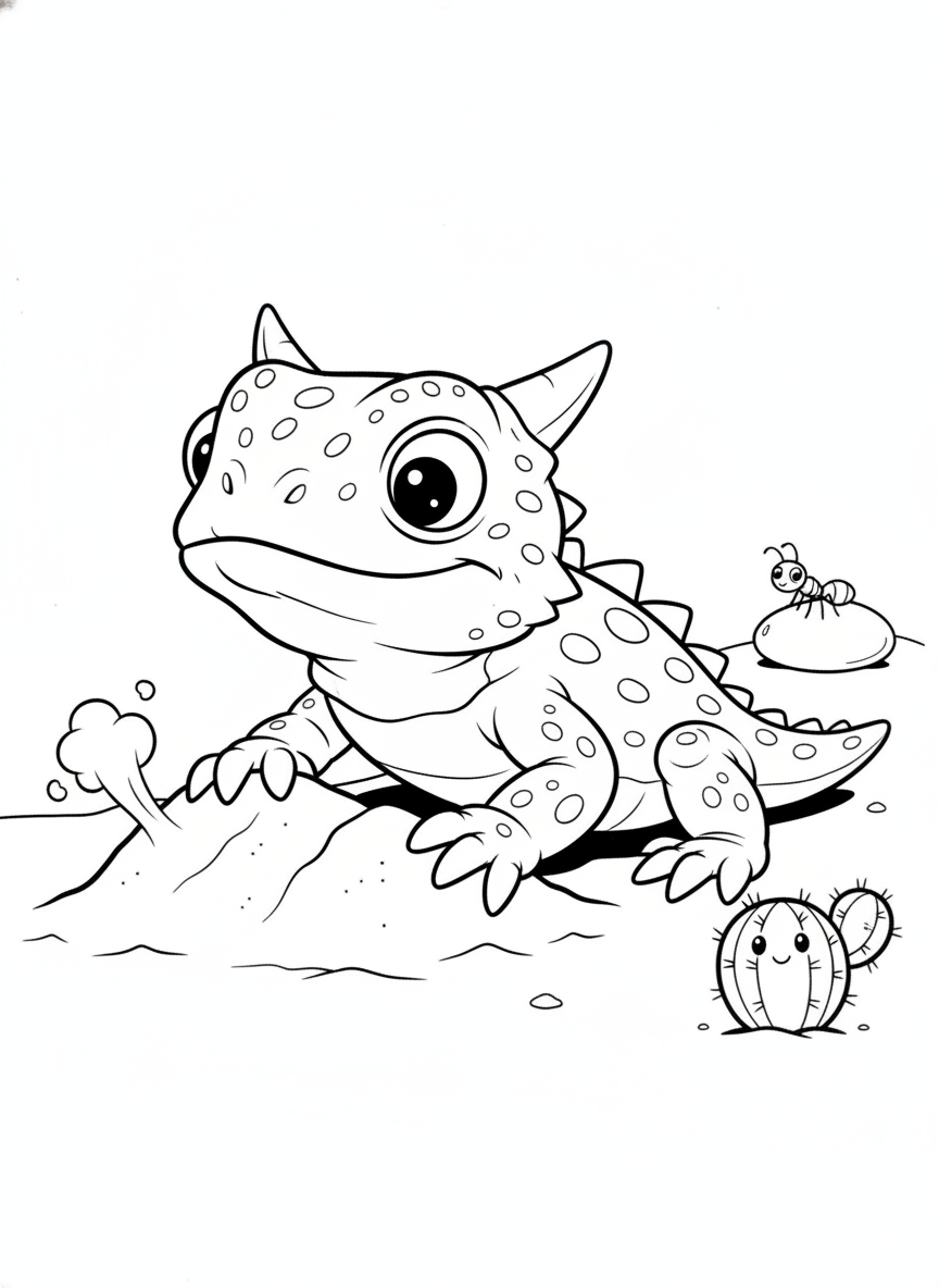 Playful Horned Lizard Digging in Desert Sand Coloring Page for Kids