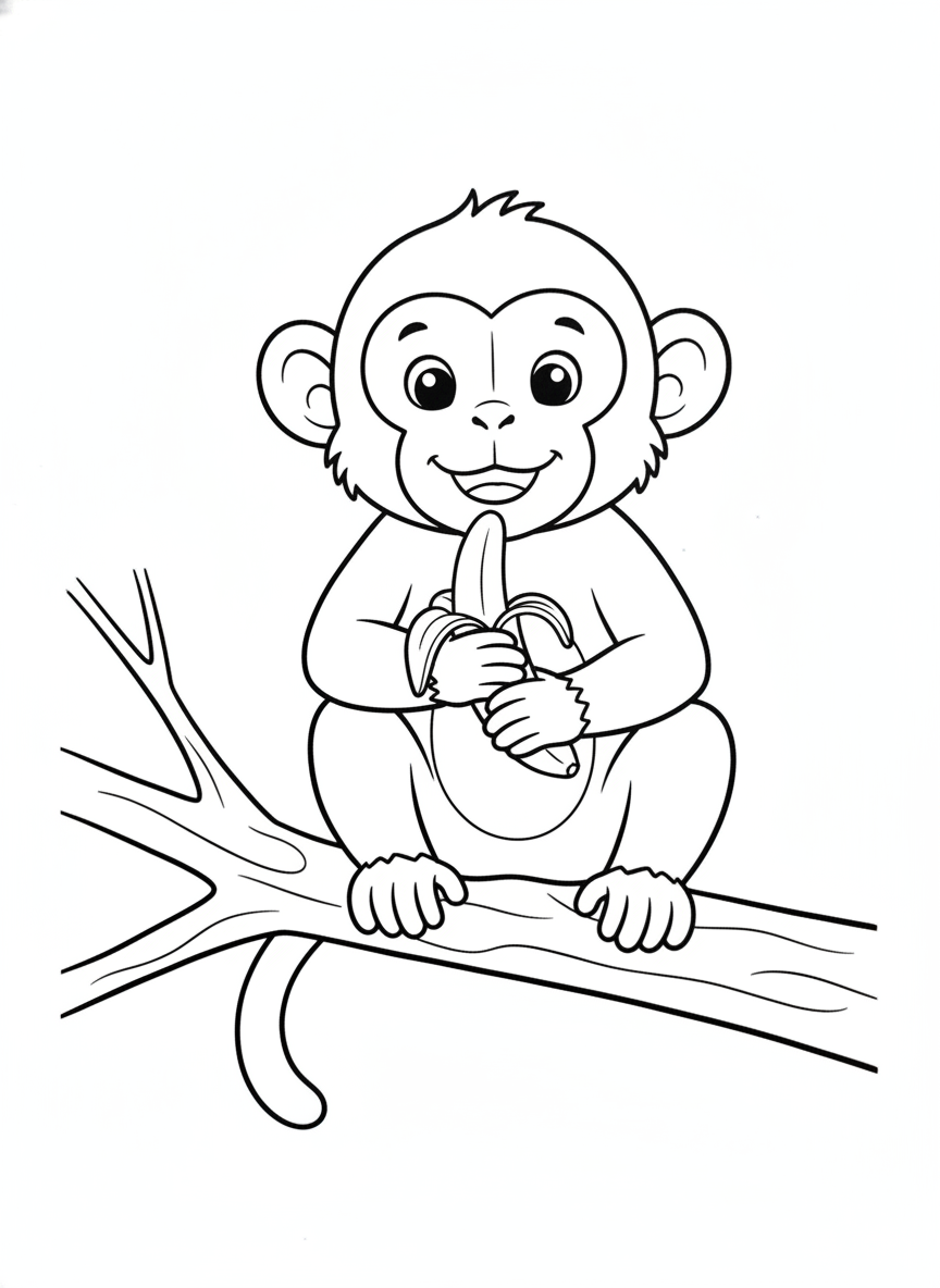 Playful Long-Tailed Macaque with Banana Kids Coloring Page