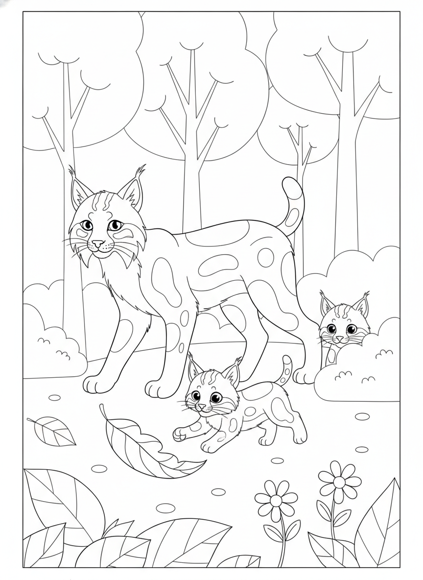 Playful Lynx Family in Forest: A Cute Coloring Adventure for Kids