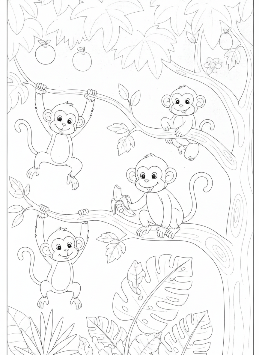 Playful Monkeys in the Jungle Tree Coloring Page for Kids