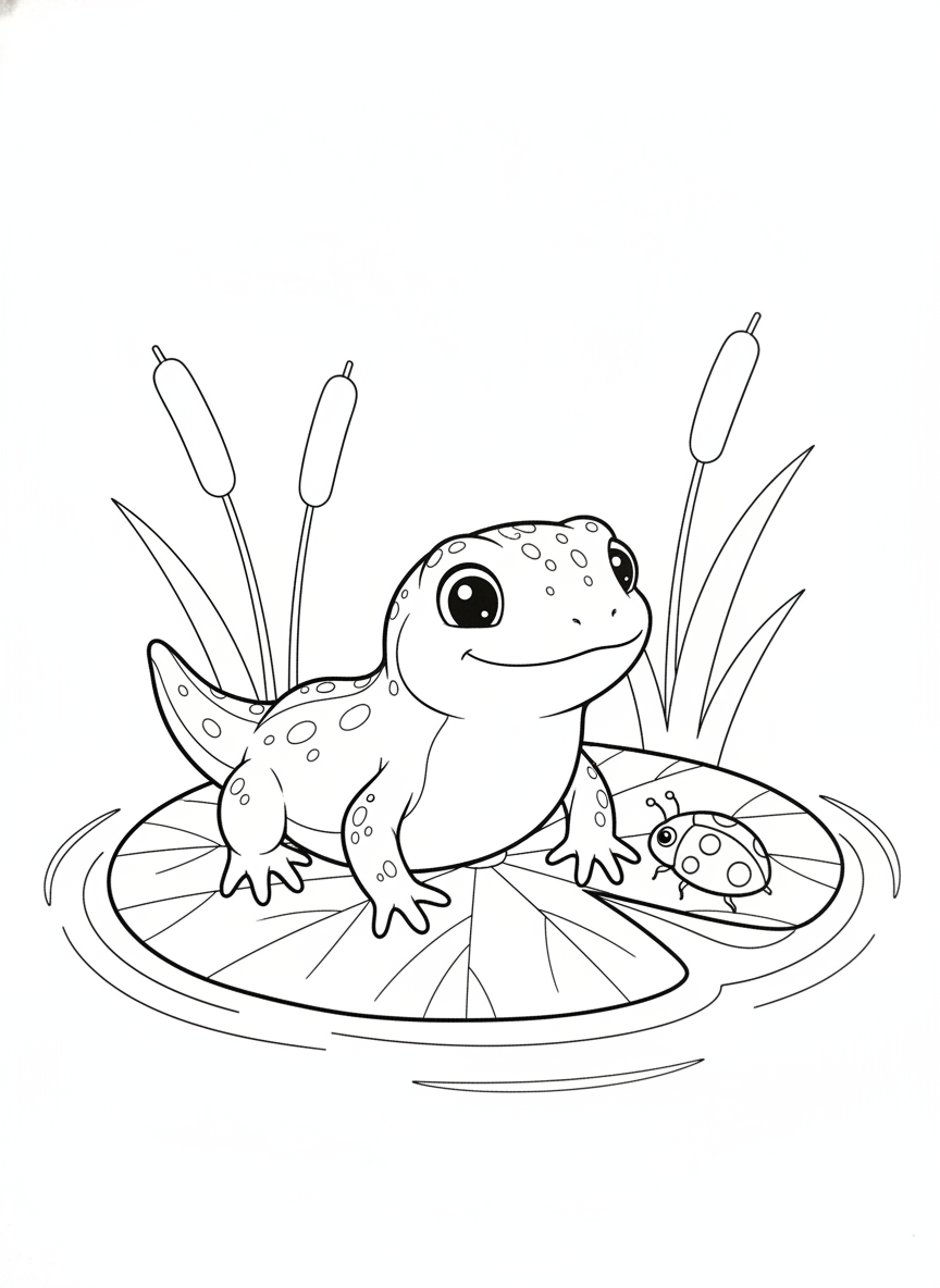 Playful Newt and Ladybug on a Lily Pad Coloring Page for Kids