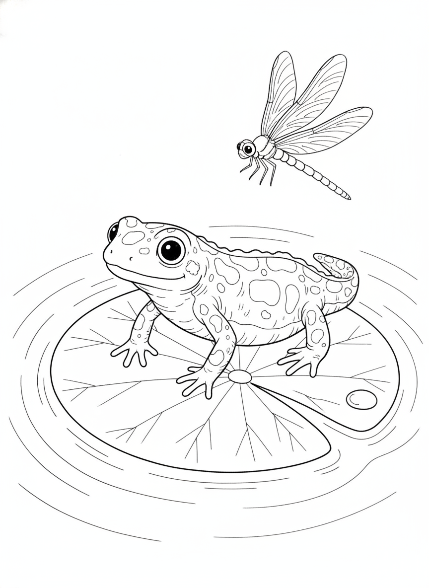 Playful Newt & Dragonfly on Lily Pad Coloring Page for Kids