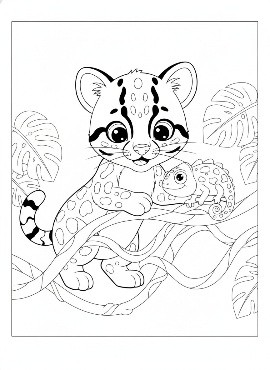 Playful Ocelot Cub & Chameleon Jungle Adventure Coloring Page