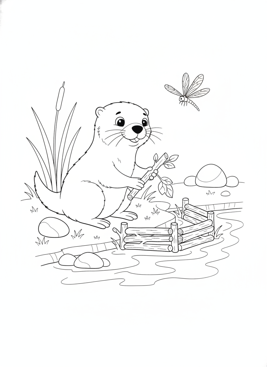 Playful Otter Building a Dam Coloring Page for Kids