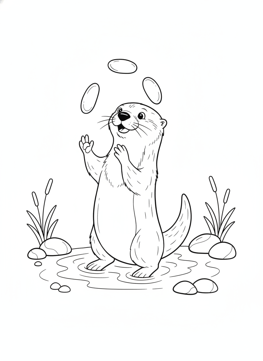 Playful Otter Juggling Pebbles in a Stream Coloring Page