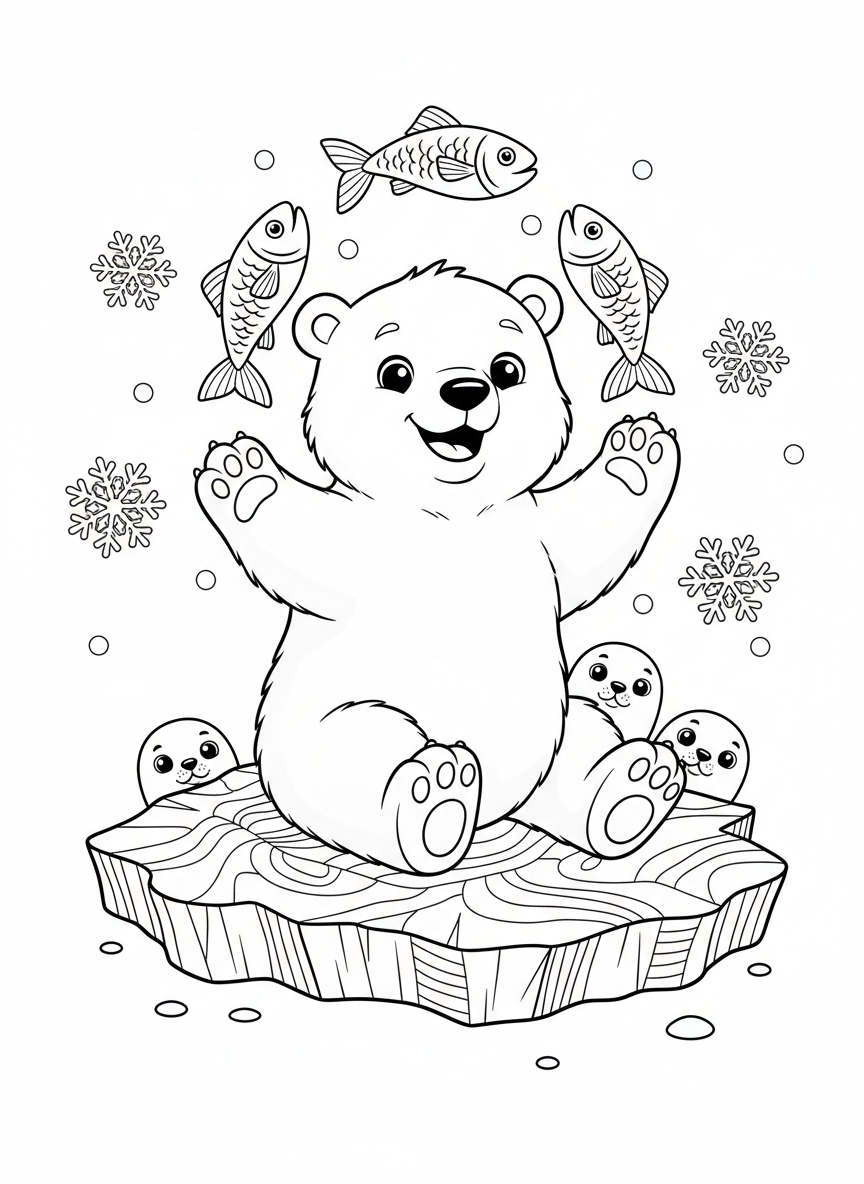 Playful Polar Bear Juggling Fish Coloring Page