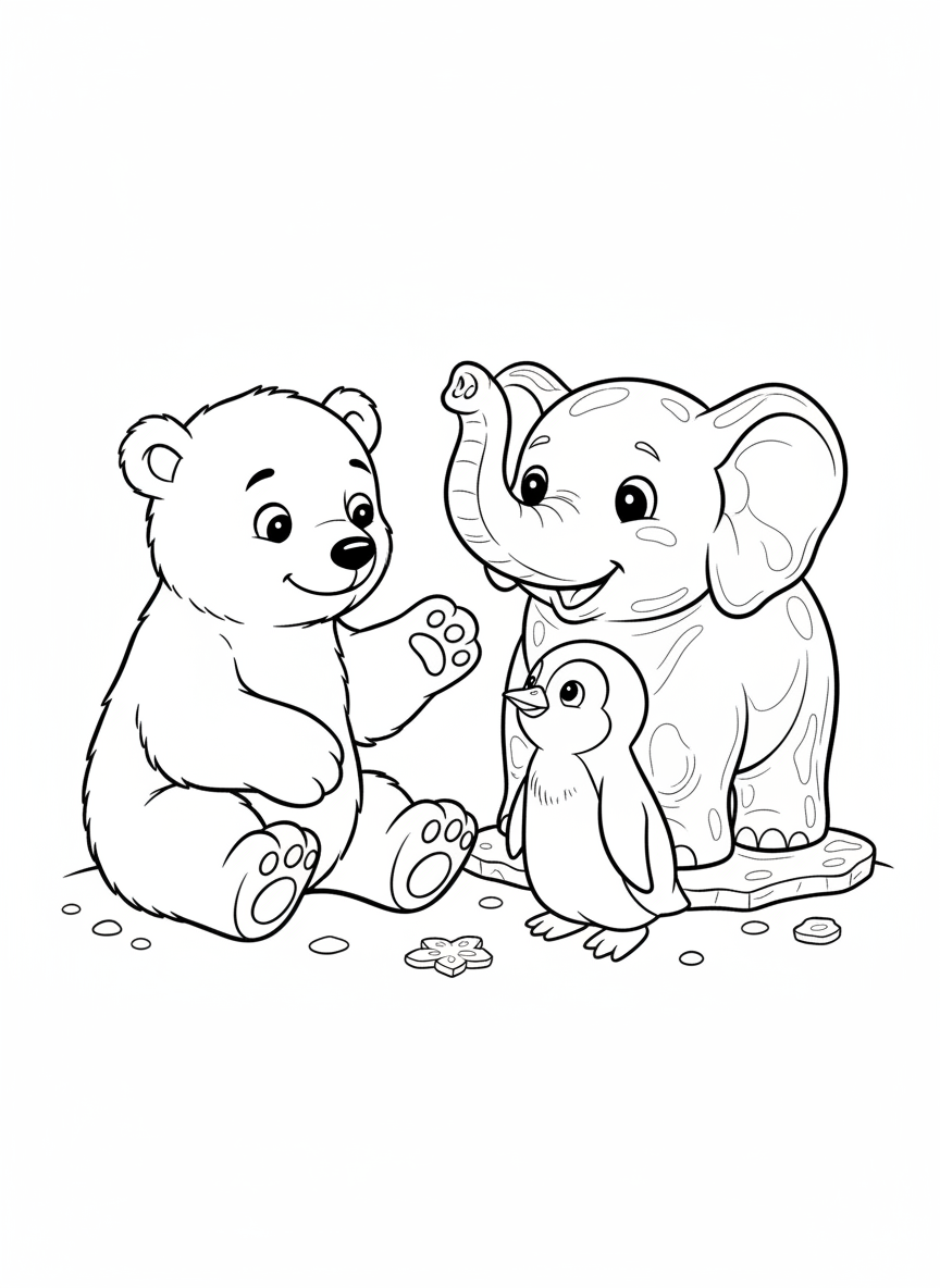 Playful Polar Bear & Penguin Ice Sculpture Coloring Page