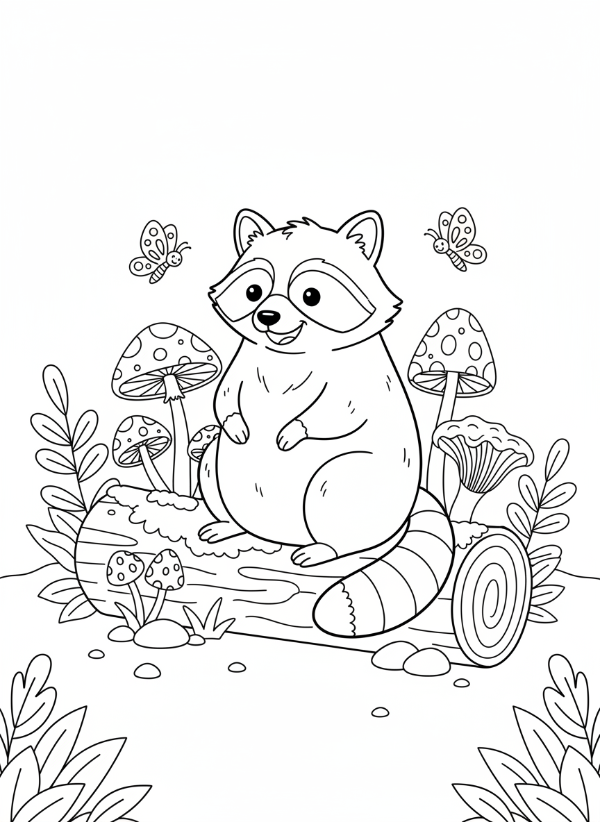 Playful Raccoon in Forest Coloring Page