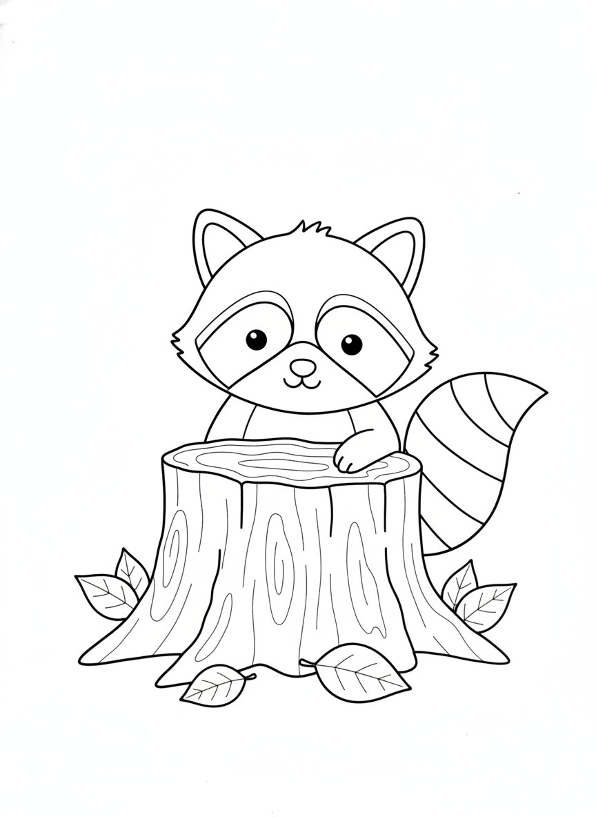 Playful Raccoon Peeking from Tree Stump Coloring Page for Kids