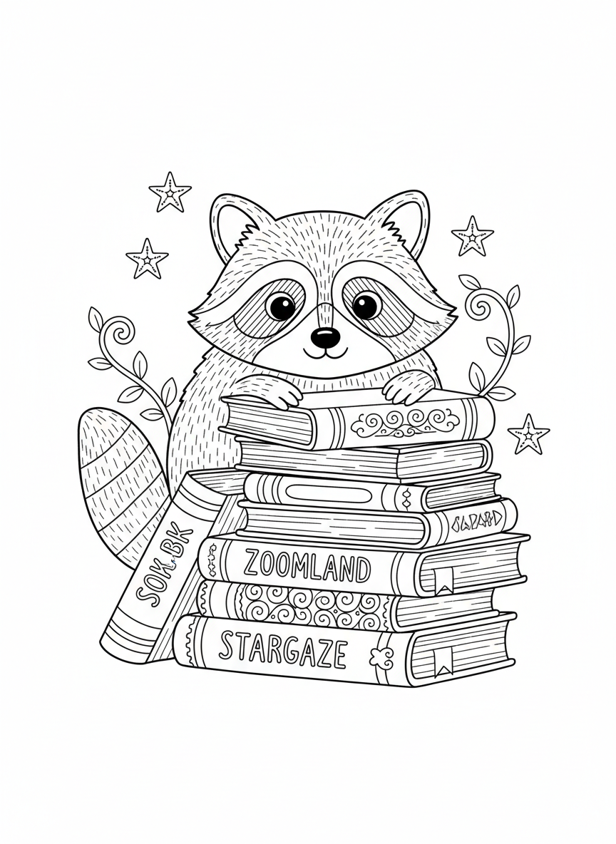 Playful Raccoon Peeking Over Books Coloring Page