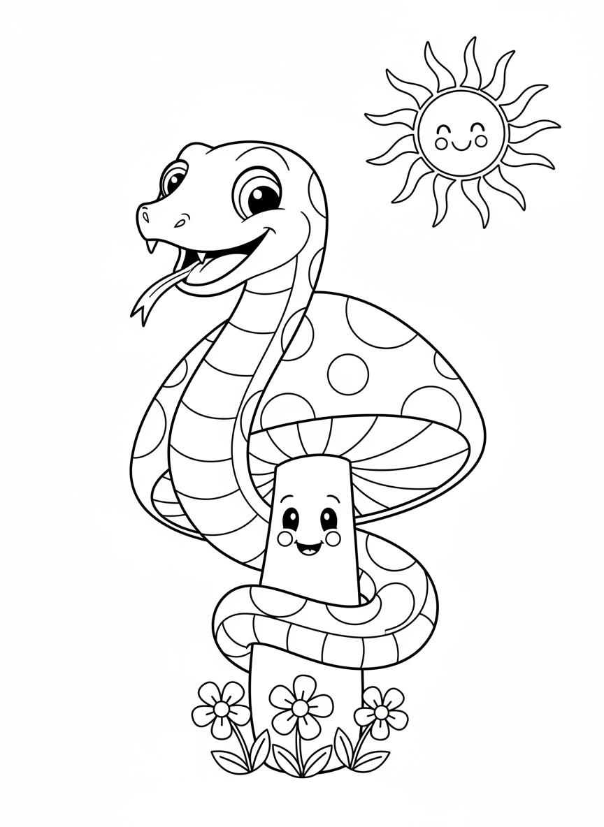 Playful Rainbow Snake & Happy Mushroom Coloring Page