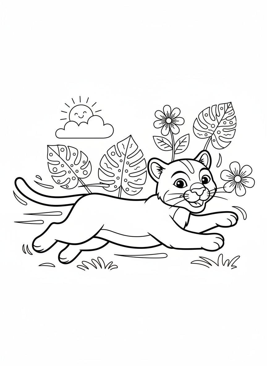Playful Running Cougar Jungle Scene Coloring Page