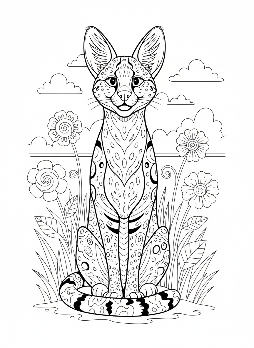 Playful Serval in Whimsical Field Coloring Page