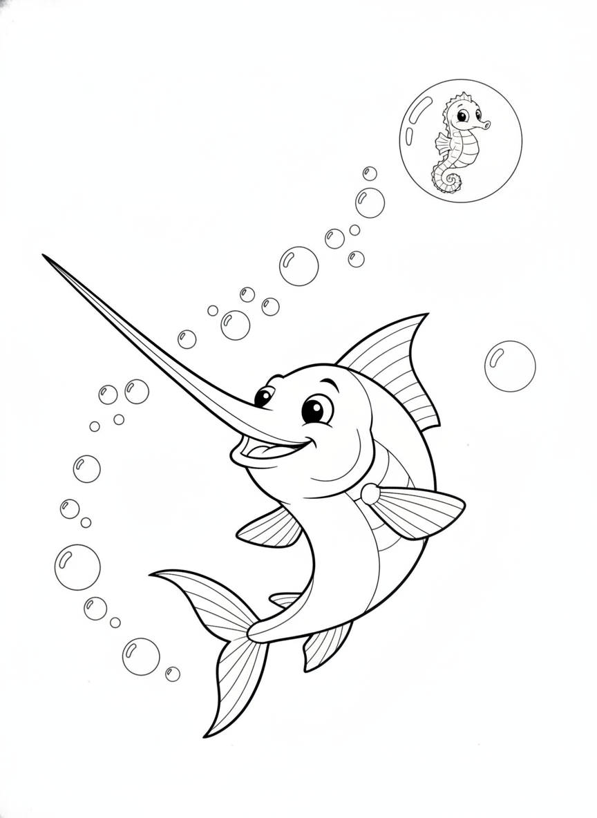 Playful Swordfish & Seahorse Bubble Fun Coloring Page