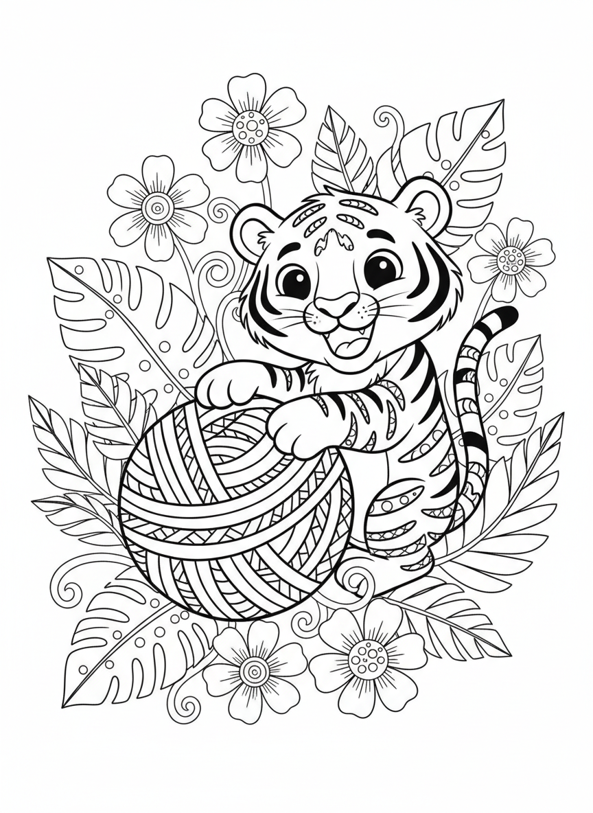 Playful Tiger Cub with Yarn Ball Coloring Page for Kids