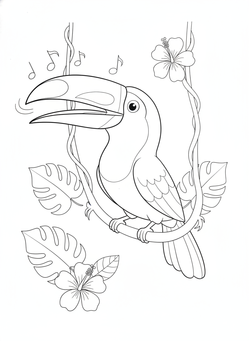 Playful Toco Toucan on a Swing Kids' Coloring Page