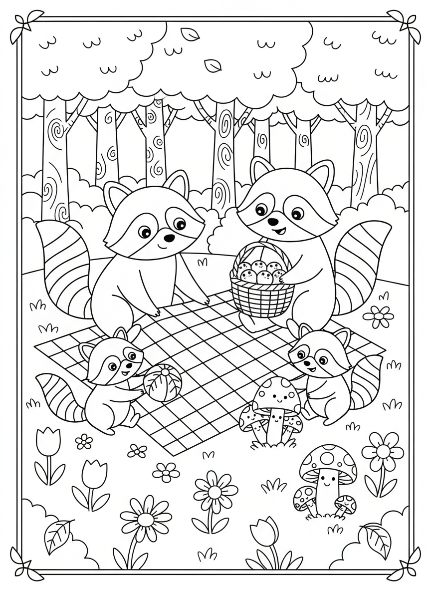 Raccoon Family Picnic Coloring Page
