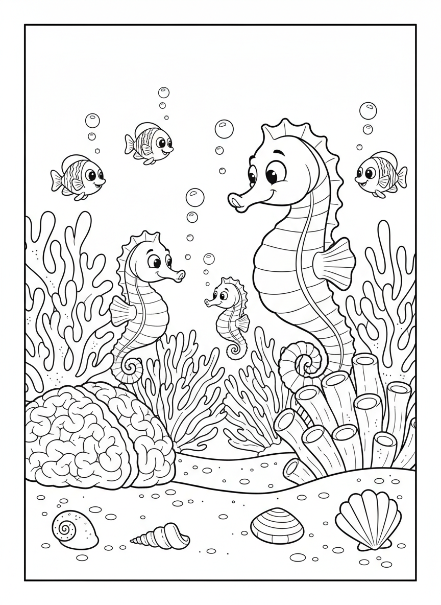 Seahorse Family Hide-and-Seek Coloring Page