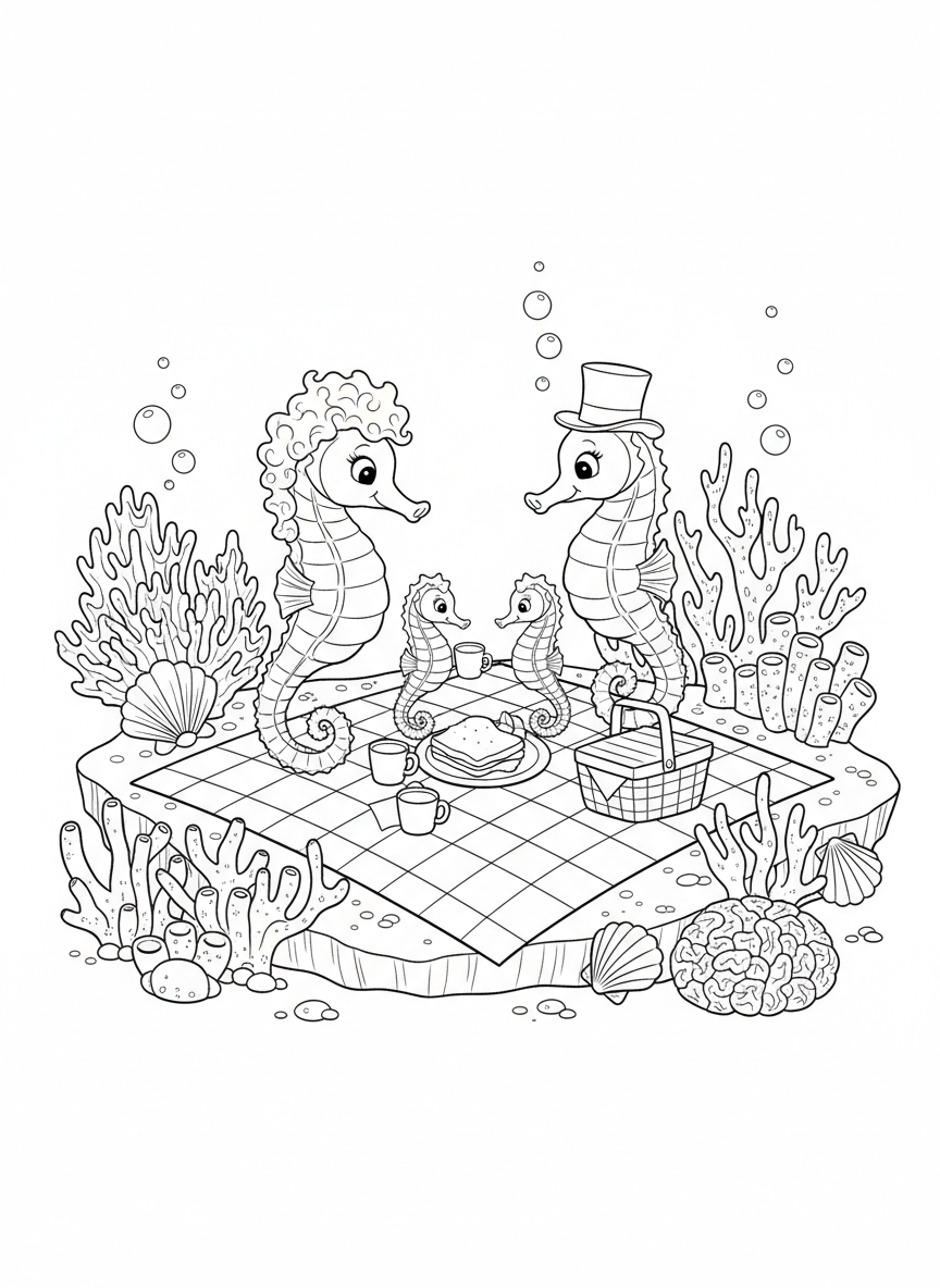 Seahorse Family Picnic Coloring Page
