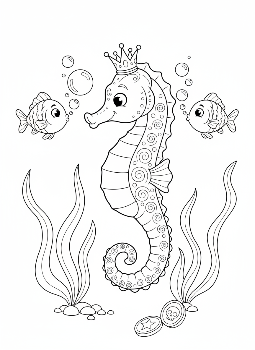 Seahorse King & Bubble Fish Coloring Page